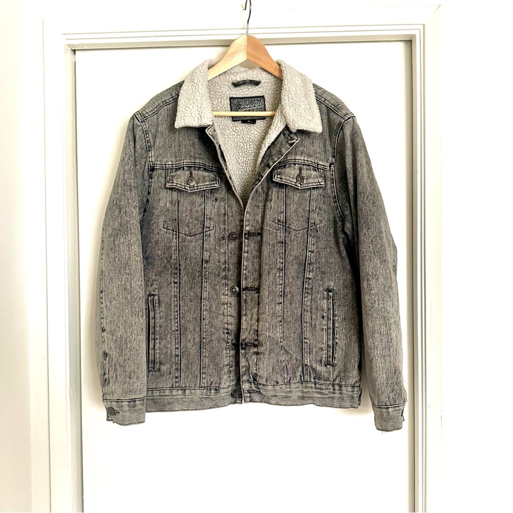 Brooklyn Cloth Denim Jacket Trucker Sherpa Lined Button Front Acid Wash - Medium